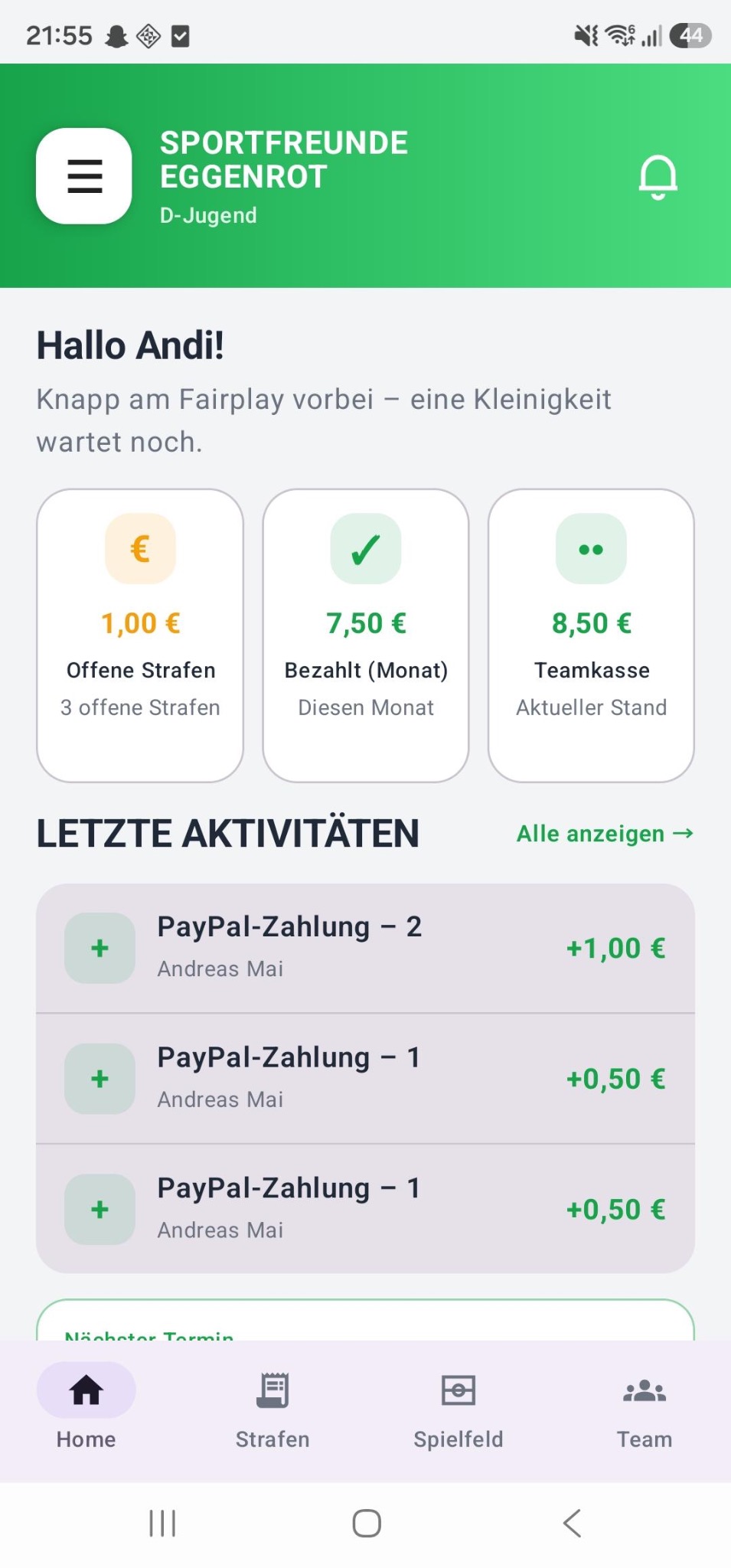Treasly. Home-Screen mit Teamkasse, offenen Strafen und letzten Aktivitäten
