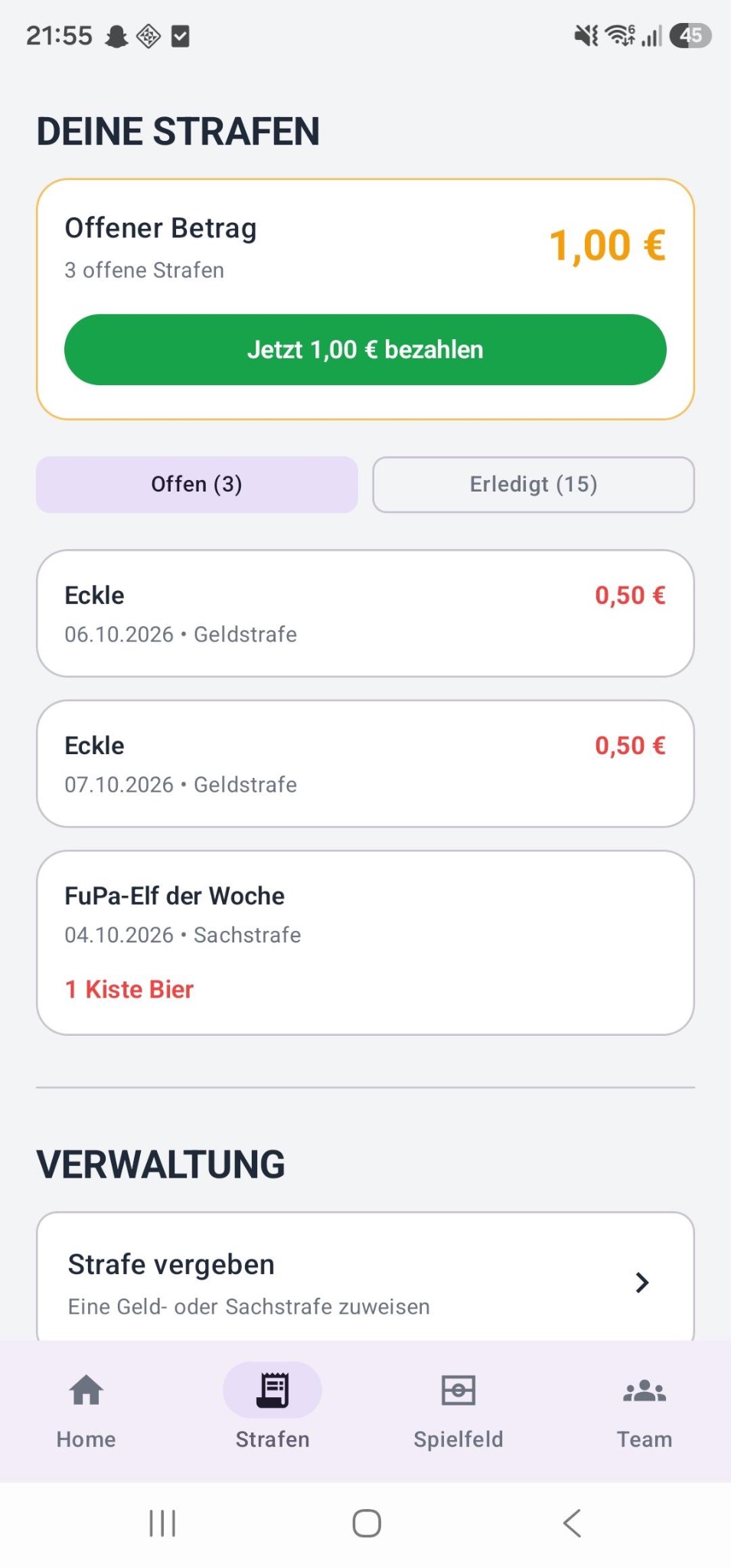 Treasly. Ansicht Deine Strafen